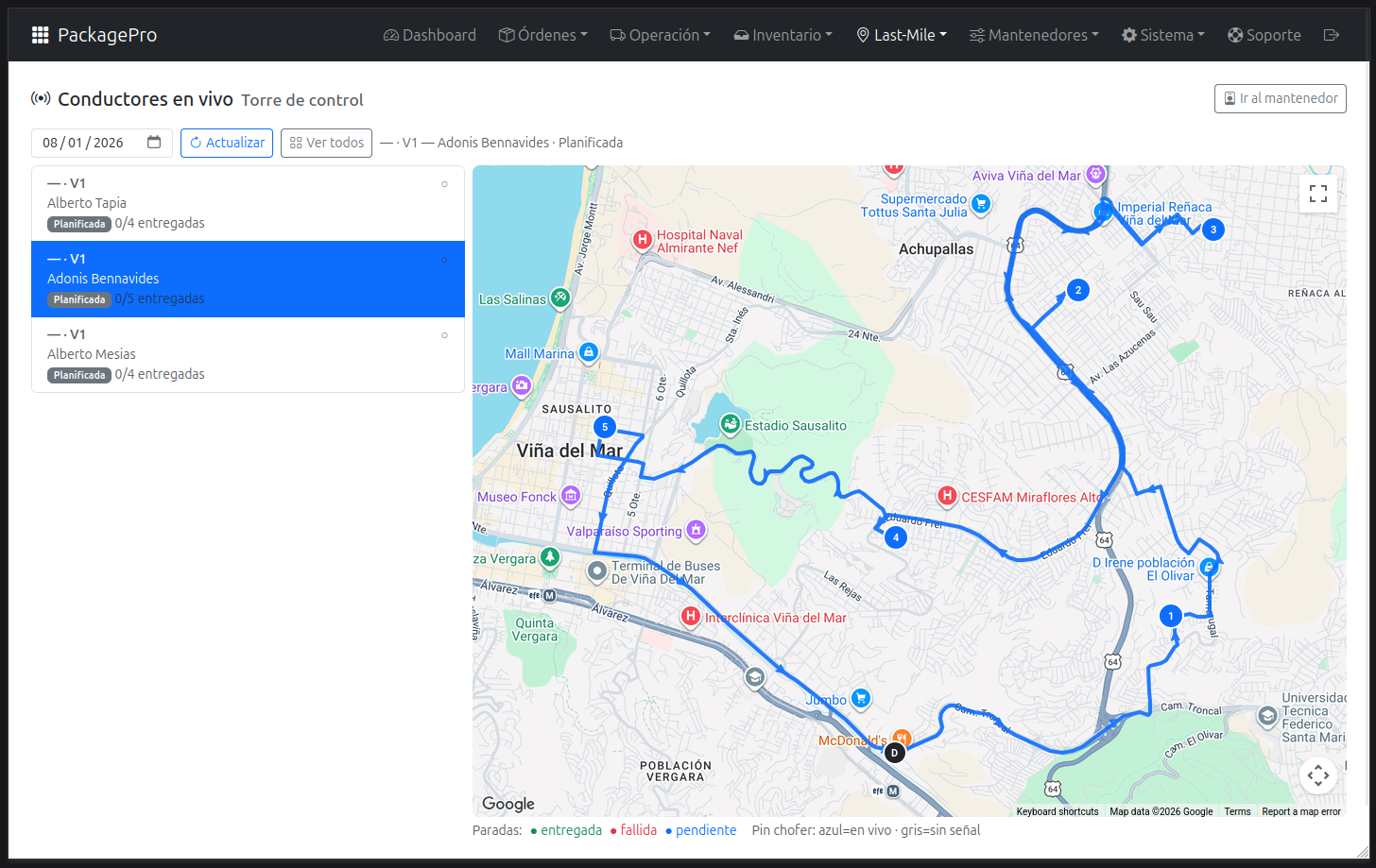 Torre de control de rutas y conductores en vivo de PackagePro